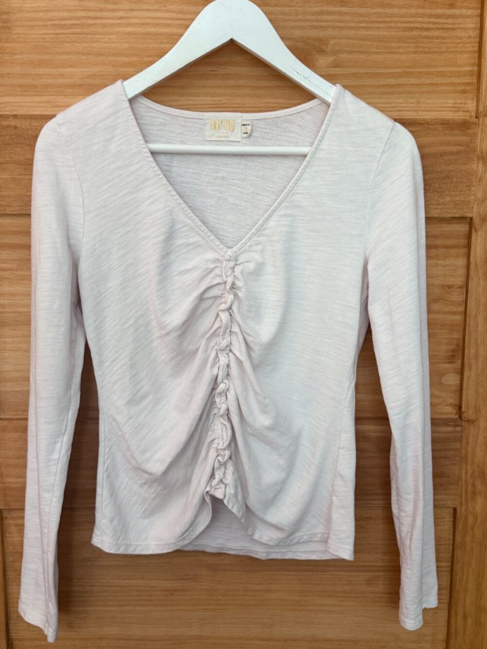 Nation Ltd Cambria Cotton Ruffled Soft Pink Long Sleeve V Neck Top Women size S